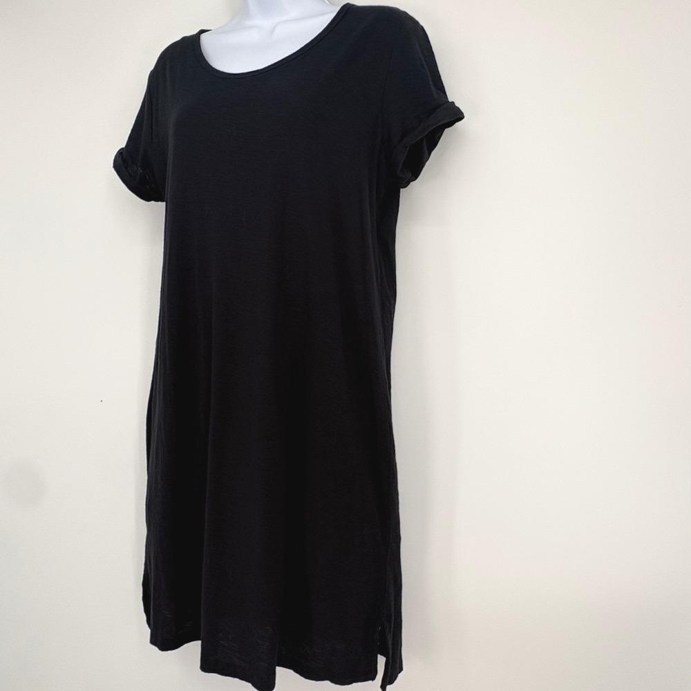 Standard James Perse T Shirt Dress Black Midi Roll Sleeve Side Slit Lined Sz 3/L - Picture 3 of 10